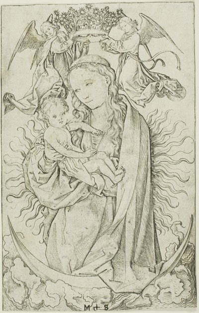 二人の天使に戴冠された三日月の聖母 作： Martin Schongauer