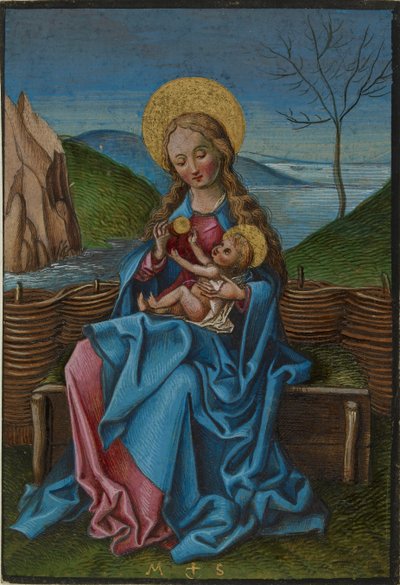 芝生のベンチに座る聖母子、15世紀後半 作： Martin Schongauer