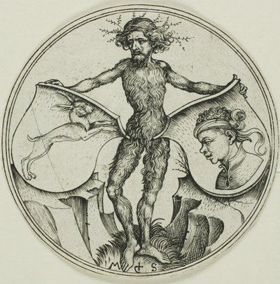 野生の男が持つ、ウサギとムーア人の頭を持つ2枚の盾 作： Martin Schongauer