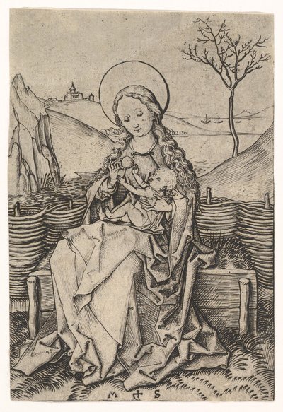 草で覆われたベンチの聖母子1435-1491。 作： Martin Schongauer