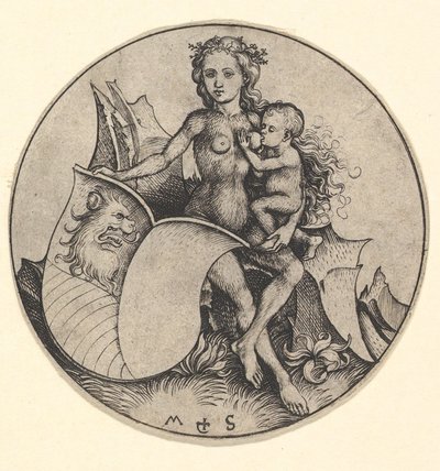 ライオンズヘッドと盾を持っている野生の女性1435-1491。 作： Martin Schongauer