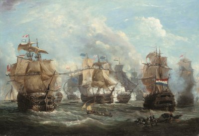 キャンパーダウンの戦いでオランダの旗艦 Vrijheid と交戦するイギリスの旗艦 Venerable 作： Martin Schouman