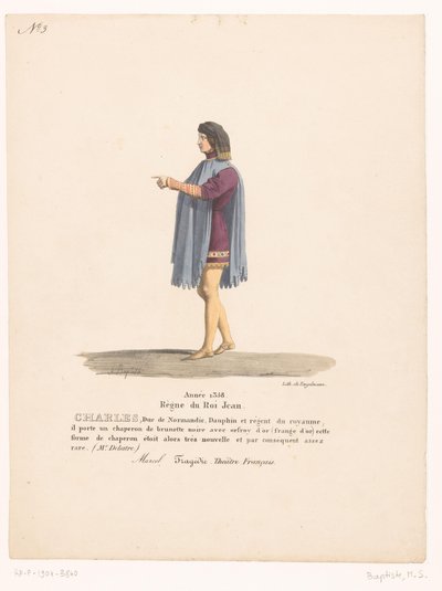 Kostuum van de dauphin Karel van Valois uit de tragedie Marcel シャルル、ノルマンディー公 (オブジェクトの称号) 劇場衣装（シリーズタイトル） フレンチ シアター: MM による衣装のコレクション。 J. Alaux と L. Duponchel が Bibliot の写本図面から 作： Martin Sylvestre Baptiste