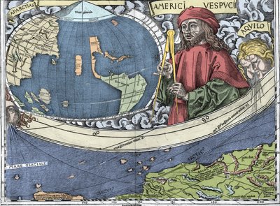 VESPUCCI, Amerigo (1454-1512)。イタリアの探検家、「ワルトゼミュラー地図またはUniversalis Cosmographia - (万国宇宙図) - Waldseemuller Planisphere」での地図製作 - 1507年 - 。 作： Martin Waldseemuller