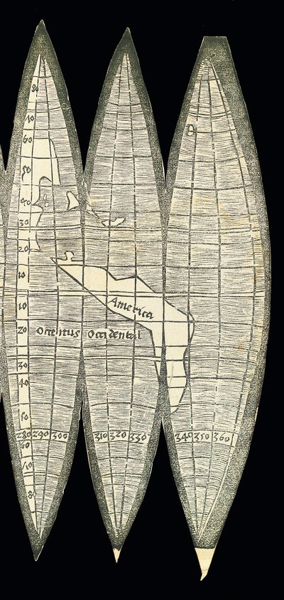 地球儀のゴアのセットの形をした世界地図、1507年 作： Martin Waldseemuller