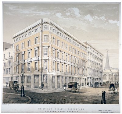 J&R モーリー夫人の倉庫、ミルク ストリートとグレシャム ストリートの角、ロンドン、c1840 作： Martin and Hood