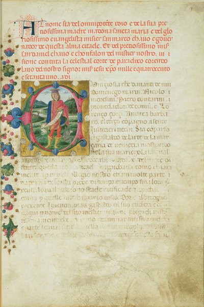 風景の中の預言者ダニエルを描いた歴史的イニシャルC、1471年 作： Martino di Giorgio da Modena