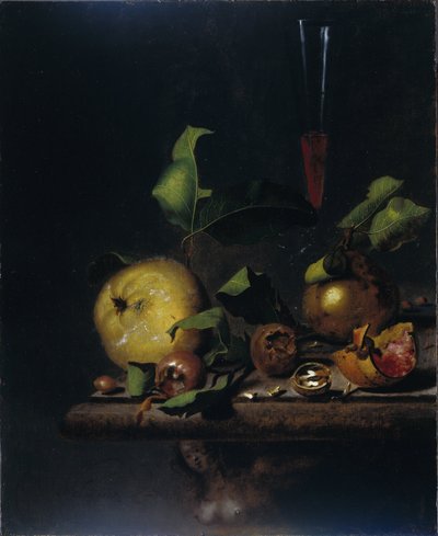 マルメロ、メドラー、グラスのある静物 作： Martinus Nellius