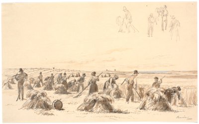 畑で労働者を収穫します。 背景の工場と海で 作： Martinus Rørbye
