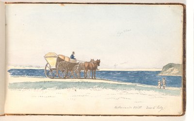 水辺の砂丘に立つ馬車。 2人が馬車に乗り込む 作： Martinus Rørbye