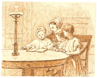 母親が 3 人の子供に本を見せる 作： Martinus Rørbye
