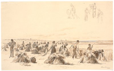 畑で労働者を収穫します。 背景の工場と海で 作： Martinus Rørbye