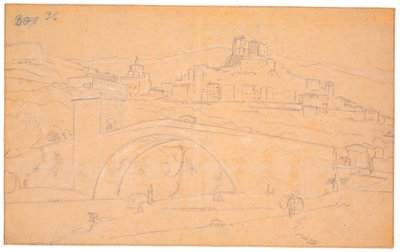 川に架かる橋とスビアコの町を背景にしたイタリアの風景 作： Martinus Rørbye
