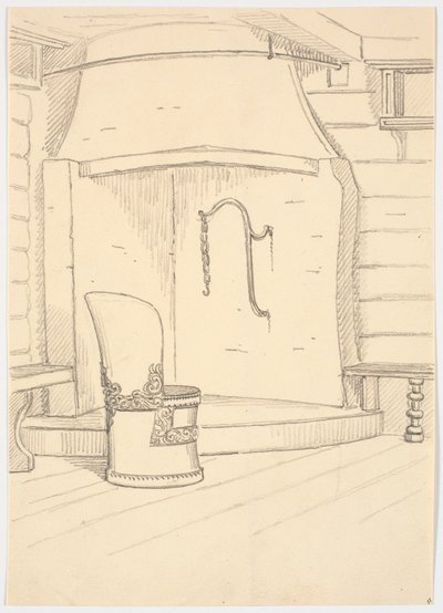 暖炉と背もたれ付きの丸い木製の椅子 作： Martinus Rørbye