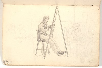 イーゼルのアーティスト、および背景の人物のスケッチ 作： Martinus Rørbye
