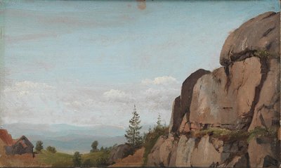 前景に岩があるノルウェーの風景 作： Martinus Rørbye
