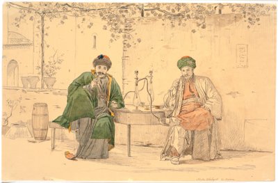 アテネのカフェ ニコラオの外で水ギセルを吸う 2 人のトルコ人 作： Martinus Rørbye