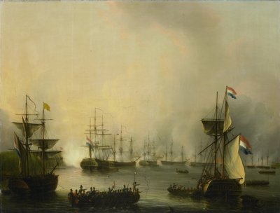 1821 年 6 月 24 日、スマトラ島パレンバンの砲撃 作： Martinus Schouman