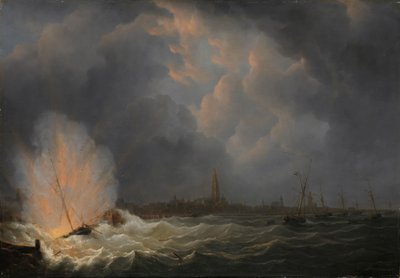 1831 年 2 月 5 日、アントワープ沖で、ヤン ファン スペイクの指揮下にある砲艦 2 号の爆発 作： Martinus Schouman