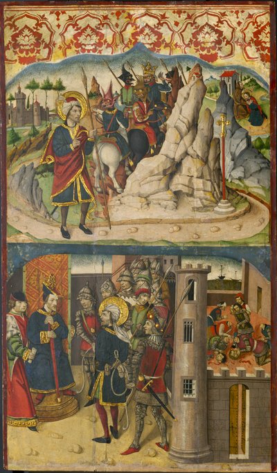 聖クリストファーとサタンの出会い、聖クリストファー、ライシア王の前、1480-85 作： Martín de Soria