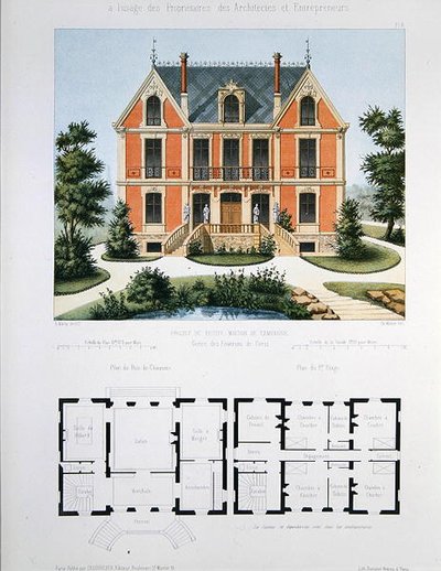 パリ近郊の小さなカントリーハウスのプロジェクト、ウォルターの彫刻、「Architecture Pittoresque et Moderne」のプレート6（カラーリトグラフ） 作： Marty (after)