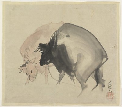 2匹の雄牛、1810年頃（紙のインクと色） 作： Maruyama Oju