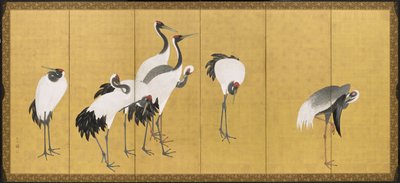 鶴、安永時代、1772年（インク、カラー、金箔、パネル） 作： Maruyama Okyo