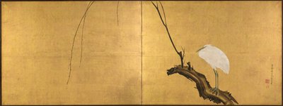 ウィローブランチのヘロン、2パネルの折りたたみ式スクリーン、1700年代後半（インク、カラー、ラッカー、シルクにゴールド） 作： Maruyama Okyo