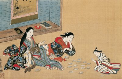 女性のトランプ、丸山応挙（1733-1765）作、浮世絵風シルク画、日本 作： Maruyama Okyo