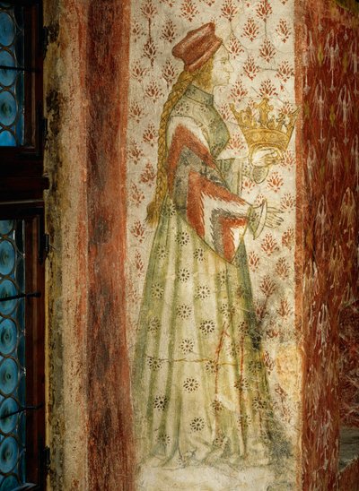 チロル伯爵夫人マルガレーテ・モルタシュ、南チロル州ランケルシュタイン城の浴室の窓の袂の壁画（壁画） 作： マルクス・プレンティフル