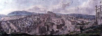 カルトンの丘の頂上からネルソンの記念碑のそばを西に向かって見た図、William Westall（1781-1850）が彫刻し、Charles Joseph Hullmandel（1789-1850）が印刷した1828年のカラーエングレーヴィング。 作： Mary (after) Stuart
