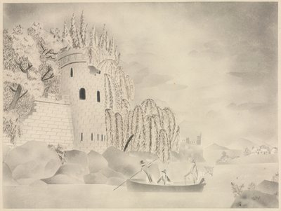 ロンリー・タワー（柳とボートのある川の城） 作： Mary Altha Nims
