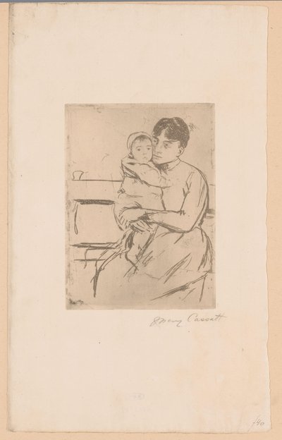 土手に お母さんと子供 ベンチで (オブジェクトのタイトル) 作： Mary Cassatt (signed by artist)