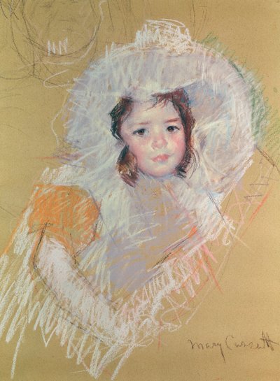 大きな帽子をかぶった少女のバストまたはマーゴットラックス（紙にパステル） 作： Mary Cassatt