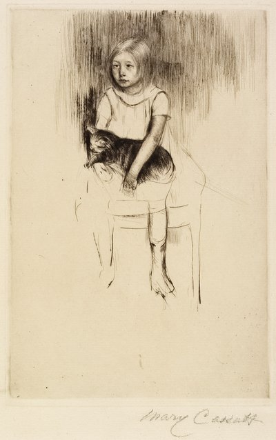 エレン、猫を抱いて、左を向いてc。 1887 作： Mary Cassatt