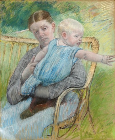 右に手を伸ばす赤ん坊を抱くマチルド、1889年 作： Mary Cassatt