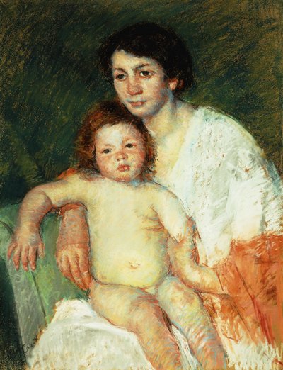 1913年、椅子の後ろで右腕を休んでいる母親の裸の赤ちゃん 作： Mary Cassatt