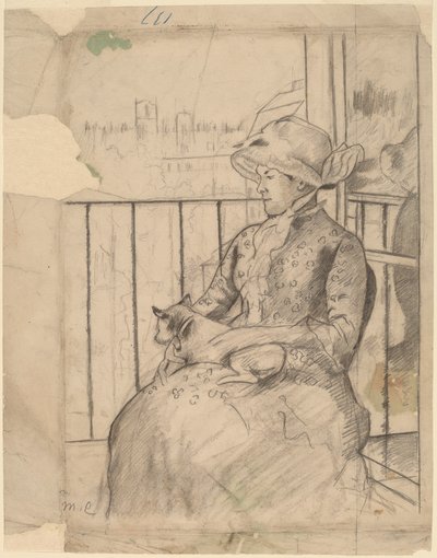 犬を抱いたバルコニーのスーザン［長方形］ 1883年頃 作： Mary Cassatt