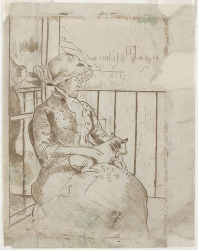 犬を抱くバルコニーのスーザン[裏面]、c。 1883年。 作： Mary Cassatt