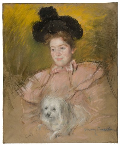 ラズベリーの衣装を着た女性が犬を抱いている姿 1901年頃 作： Mary Cassatt