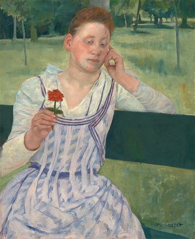 赤いジニアを持つ女性 作： Mary Cassatt