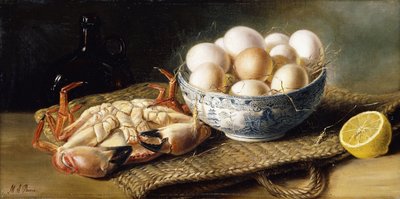 カニと卵のボウル、バスケットとレモン半分 作： Mary E. Powis