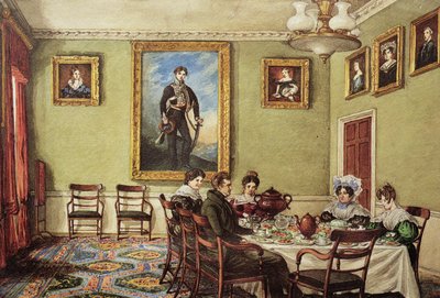 ラングトンホールのダイニングルーム、朝食時の家族、1832年頃 作： Mary Ellen Best