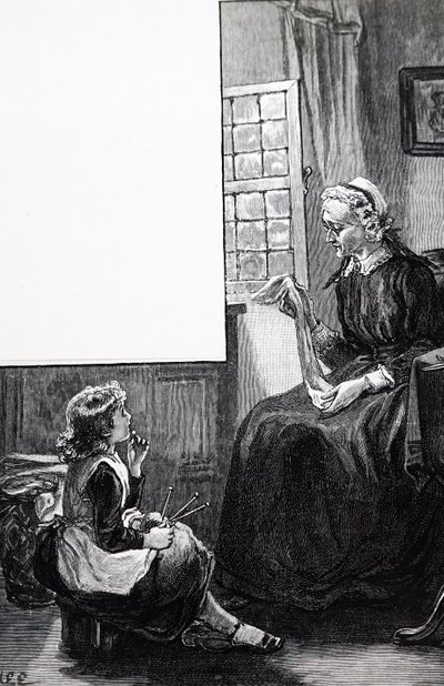 編み物をする子どもを見守るおばあさん 作： Mary Ellen Edwards