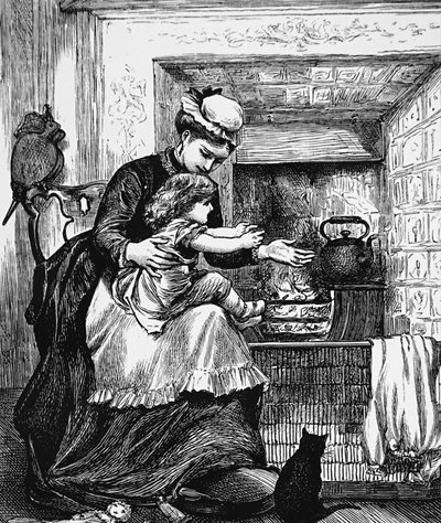 焚き火の前で子供を抱く保母さん 作： Mary Ellen Edwards