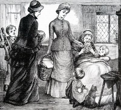 貧しい家人に贈り物をする女性。イギリスの画家、メアリー・エレン・エドワーズ（1838-1934）作 作： Mary Ellen Edwards