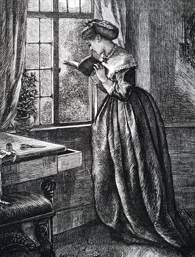開いた窓のそばで読書をする若い女性。 作： Mary Ellen Edwards