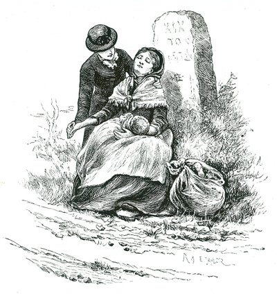 貧しい未婚の母親が、赤ん坊を連れてワークハウスに向かう途中で疲れ果てていた。トーマス・ハーディの小説を彷彿とさせる光景ですが、全国の農村部ではよく見られる光景です。1881年、Mary Ellen Edwardsによるイラスト。 作： Mary Ellen Edwards
