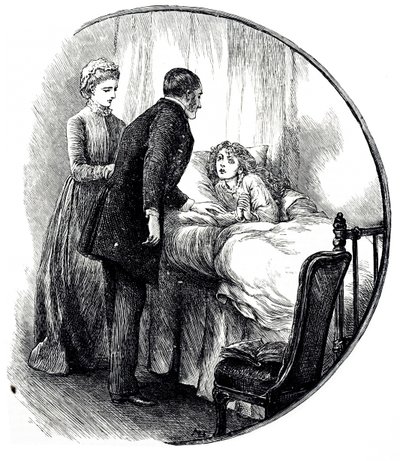 幼い患者の家を訪れる医師を描いた版画。メアリー・エレン・エドワーズ（1838-1934）は、イギリスの画家であり、多くの児童書の挿絵を描いています。 作： Mary Ellen Edwards