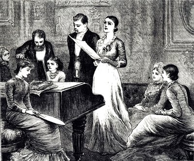 音楽の夕べを描いたエングレーヴィング。メアリー・エレン・エドワーズ（1838-1934）は、イギリスの画家であり、児童書の挿絵画家でもあります。 作： Mary Ellen Edwards